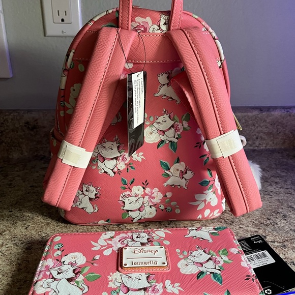 NWT LOUNGEFLY DISNEY MARIE PINK FLORAL BACKPACK AND WALLET SET - Picture 2 of 3